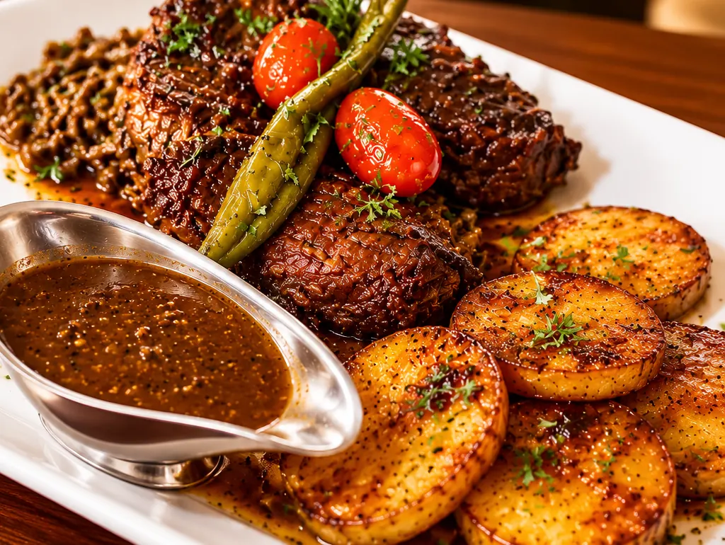 Bœuf argentin fondu, pommes sautées caramélisées et sauce maison